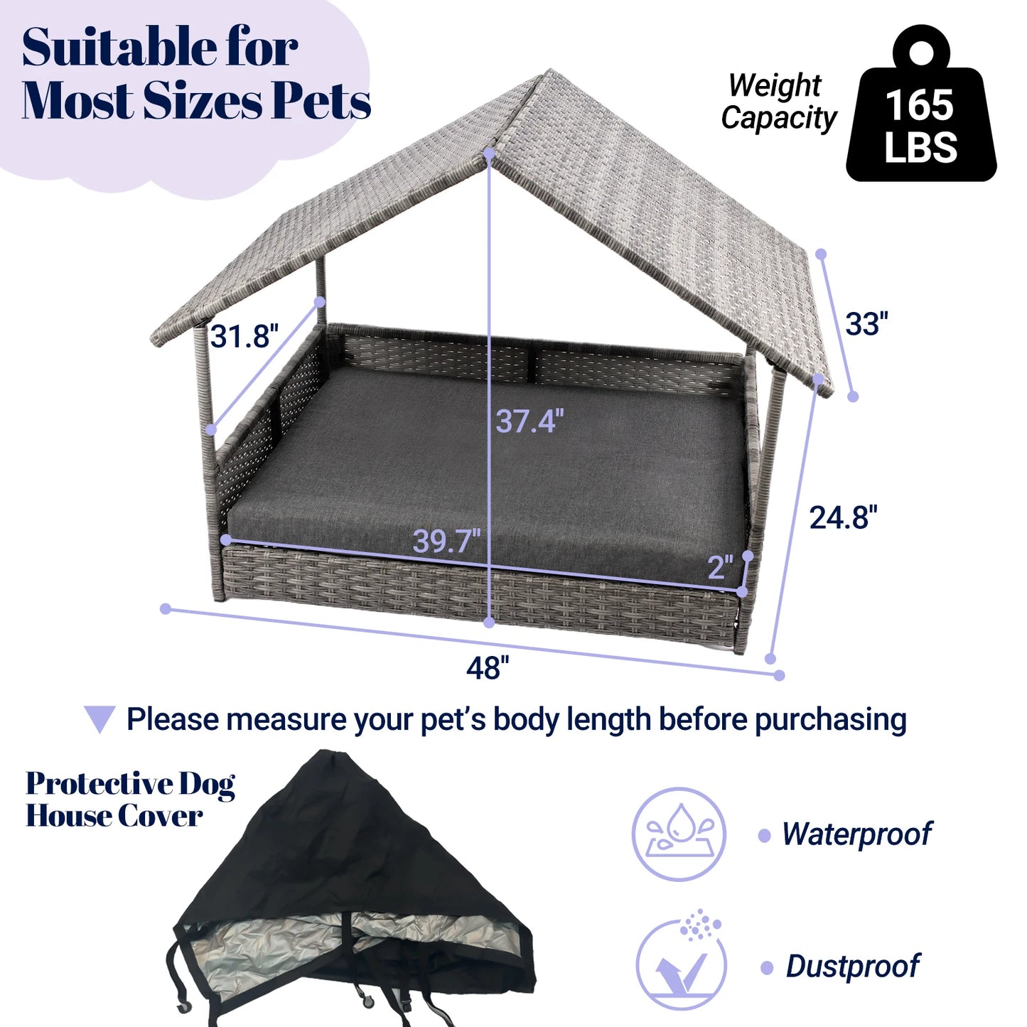 Wicker Dog House, Elevated Rattan Dog Bed with Canopy, Large Dog House Outdoor with Water Resistant Cushion