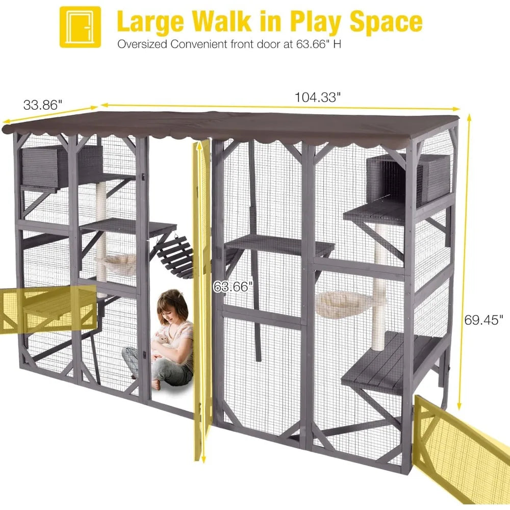 Catio Outdoor Cat Enclosure Window Box Wall Mounted Wooden Cat House Playground with Scratching Posts, Baskets, Resting House,