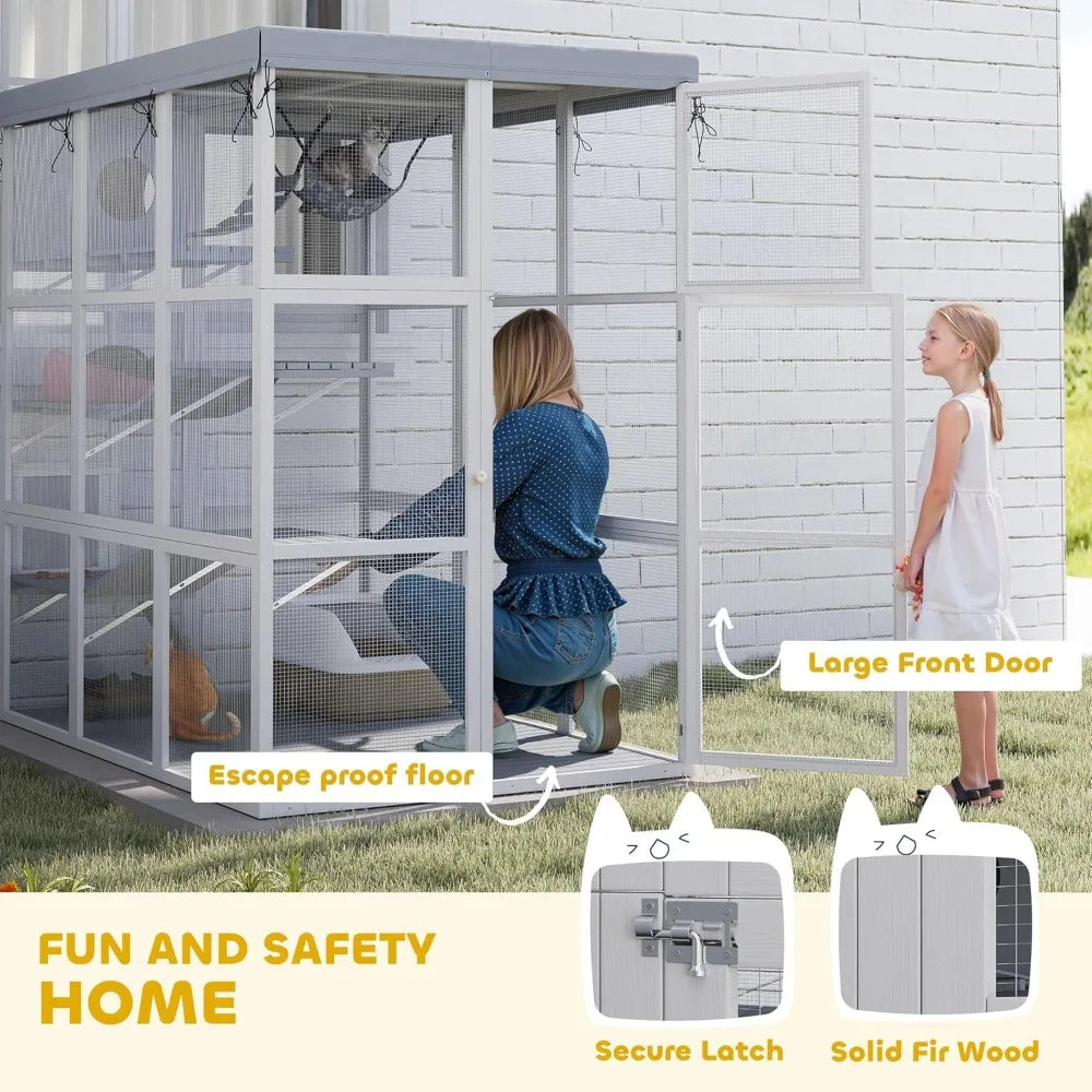 Catio Outdoor Cat Enclosure, Large Luxury Cat House Outside with Hammock, Condo, Jump Platforms, Ladders, Ramps, Tarp, Wa