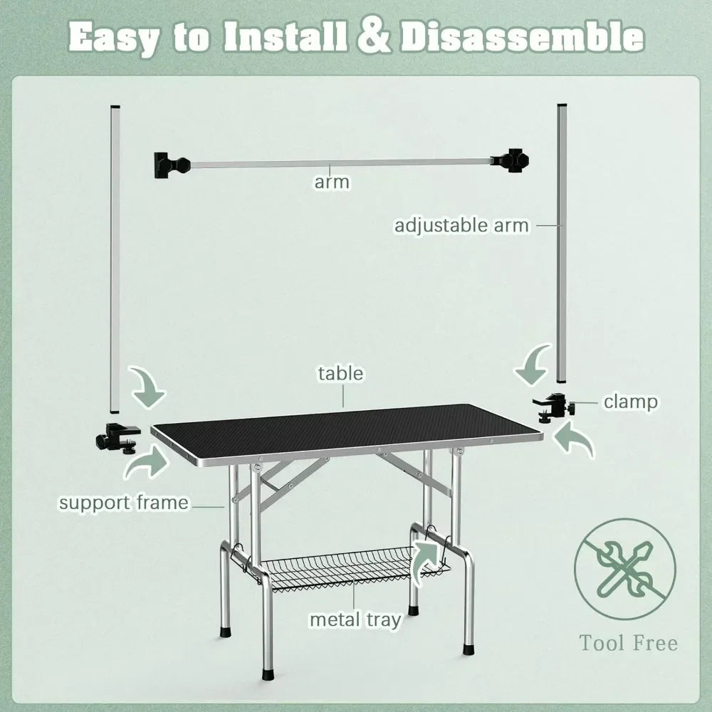 Dog Grooming Table, Adjustable Large Pet Drying Desktop, Foldable Bathing Desk with Arms, Noose, Mesh Tray, Maximum Capacity Up