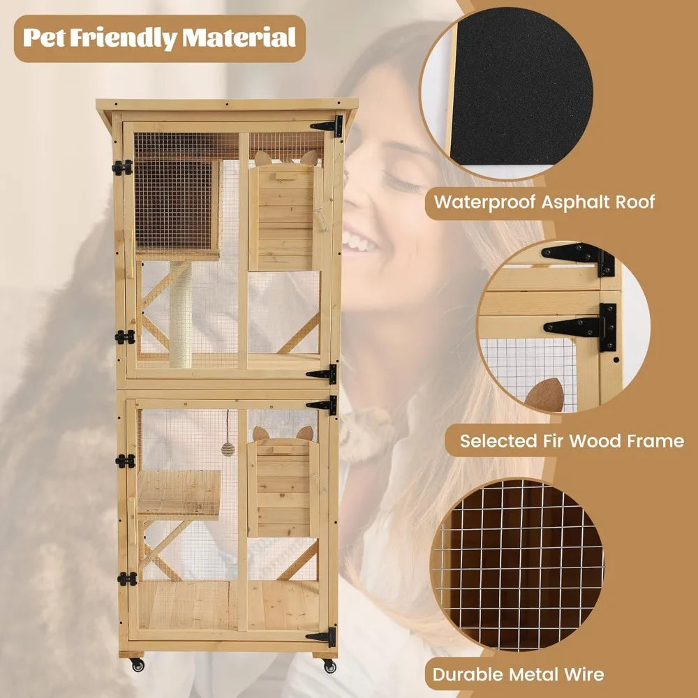 71 Catio Outdoor Cat Enclosure Window Access, 4 Tiers Cats Playpen with Wheels, Resting Box & Waterproof Roof, Indoor