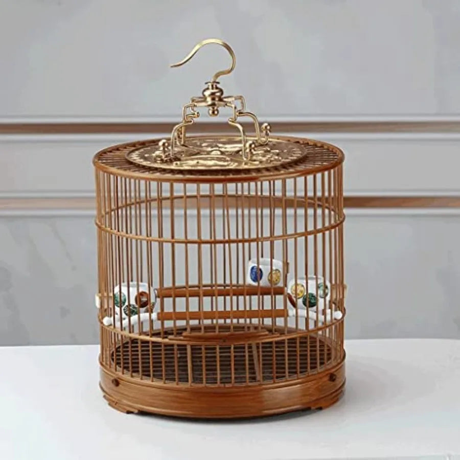 LIOONS Birdcages Bamboo Bird Flight Cage Portable Birdcage Simple Retro Bird Cage Round Bird House Carrier with Rolling Stand