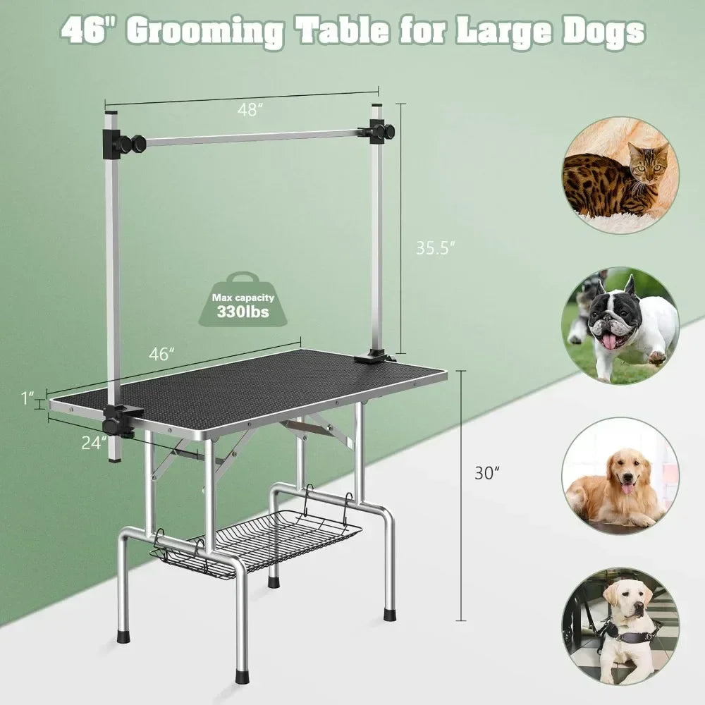 Dog Grooming Table, Adjustable Large Pet Drying Desktop, Foldable Bathing Desk with Arms, Noose, Mesh Tray, Maximum Capacity Up