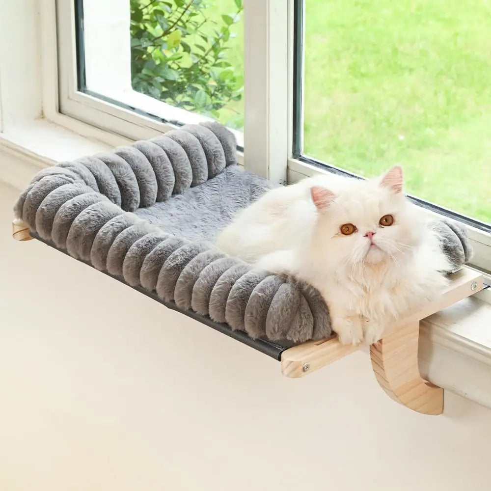 Cloud-Soft Cat Window Sill Perch with Zipper Designed Cushioned Bed, Supportive Cat Window Seat with Premium Solid Wood
