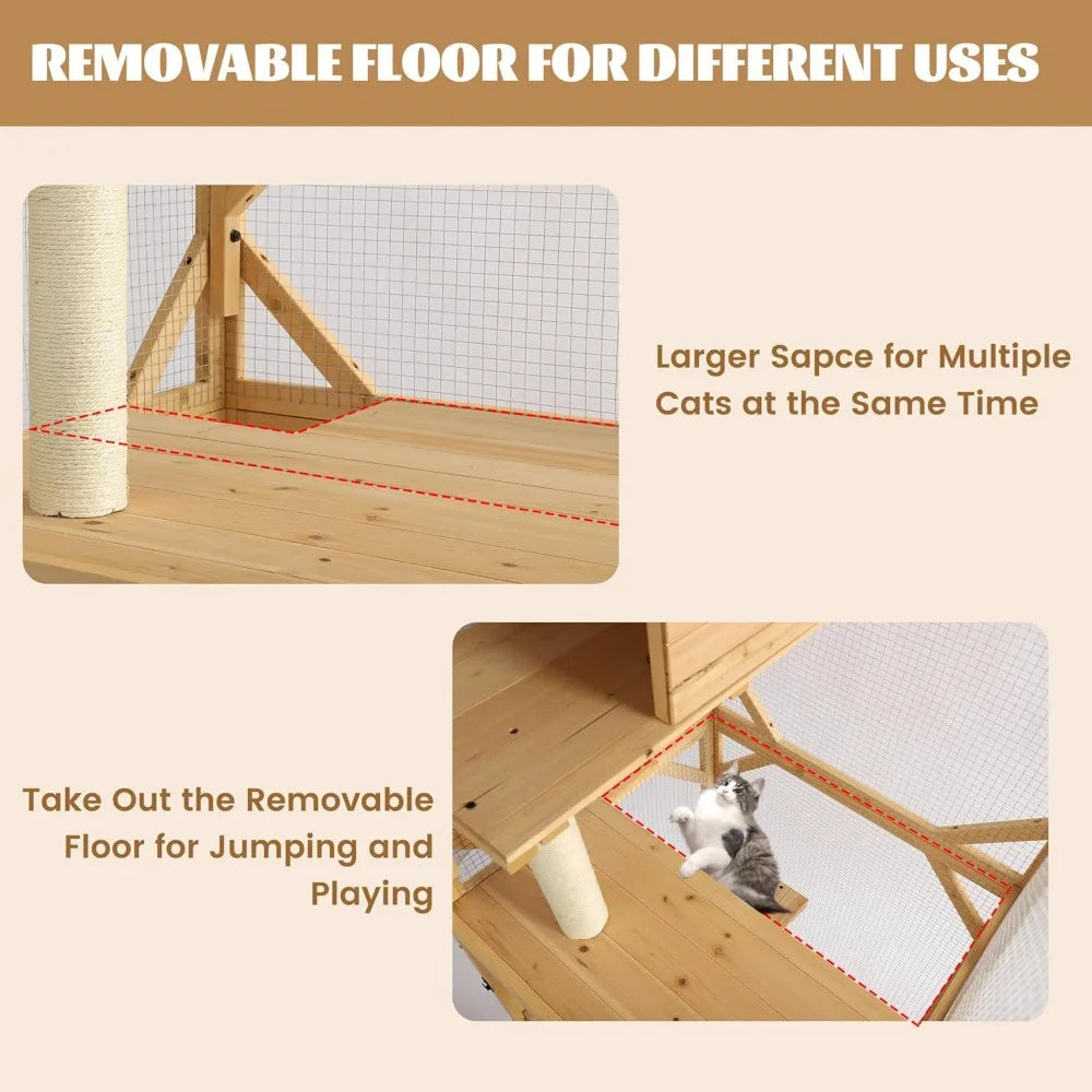 71 Catio Outdoor Cat Enclosure Window Access, 4 Tiers Cats Playpen with Wheels, Resting Box & Waterproof Roof, Indoor