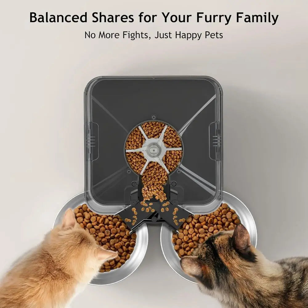 Automatic Cat Feeder or Double Pet Feeder with 2 Stainless Steel Bowls, 6L Timed Feeders with Memory Function