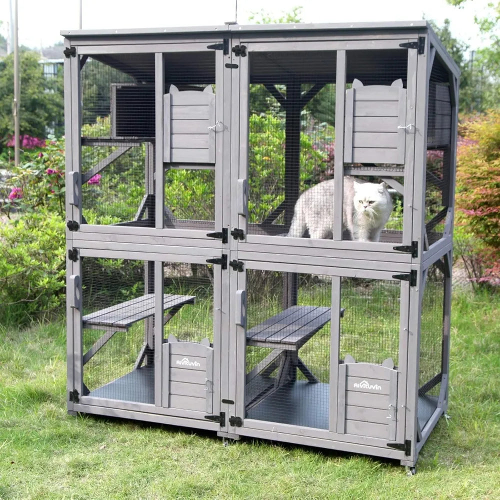 Cat Catio Kitty House Outdoor and Indoor Run Large Wooden Cat Enclosure on Wheels 70.9" Upgraded Version Kennel Cage with Reinf