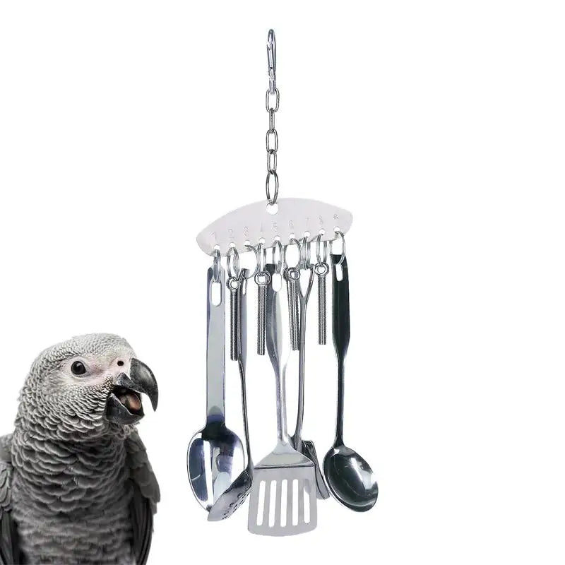 Parrot Stainless Steel spoon Toy Bird Parrots Gnawing Scoops Climbing Toys Pets Bird Cage Accessories Hanging Spoon Ring Toy