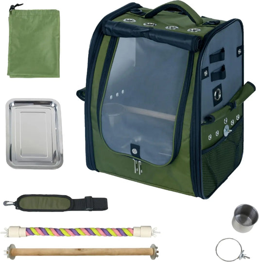 Bird Carrier Backpack-Parrot Travel Cage with 2PCS Perch and Food Bowl, Stainless Steel Tray (Dark Olive Green)