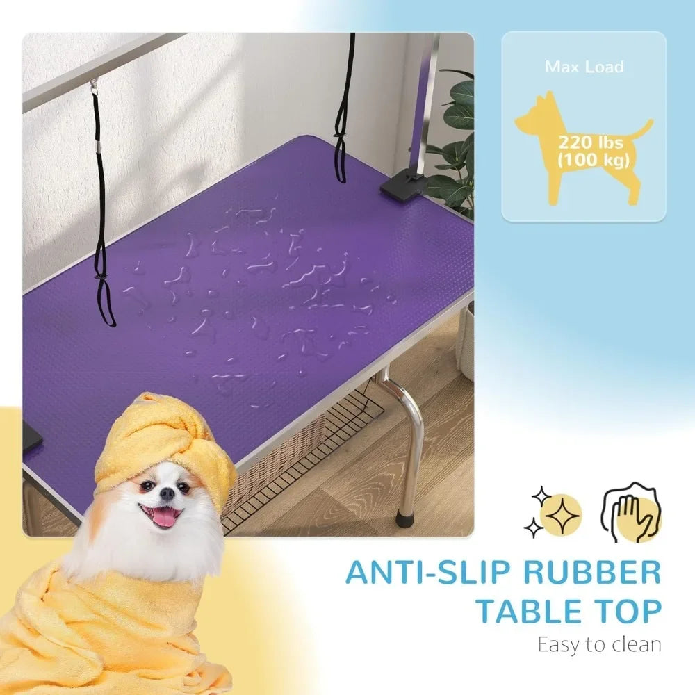 "collapsible stainless steel dog grooming table supporting up to 330lbs, ideal for professional pet bathing and drying"