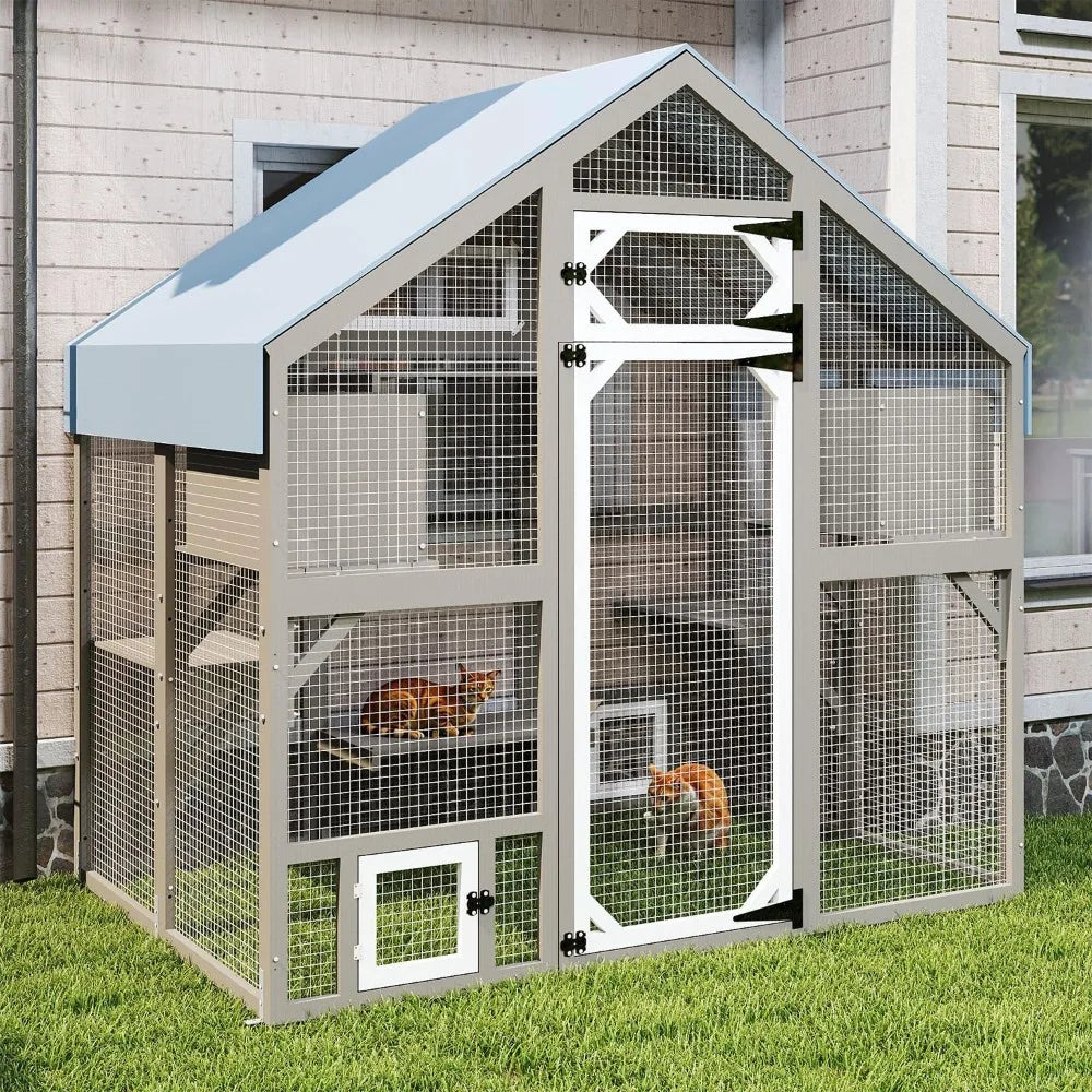 Catio Outdoor Enclosure for Multiple Cats, Large Wooden Walk-in Cat House with Window Connection, 2 Condos, Platforms, Doors