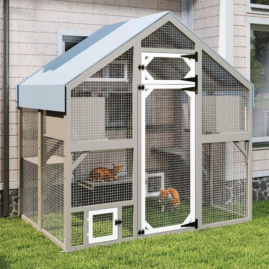 Catio Outdoor Enclosure for Multiple Cats, Large Wooden Walk-in Cat House with Window Connection, 2 Condos, Platforms, Doors