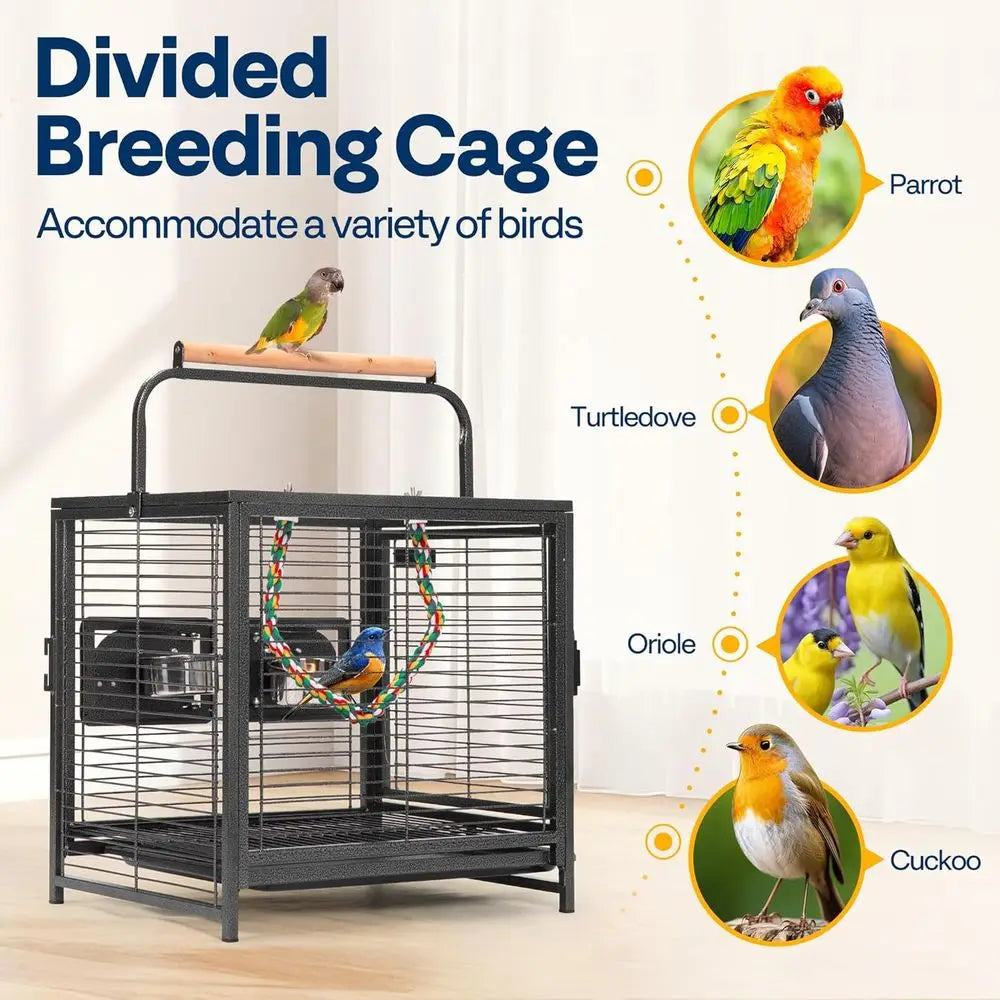 19 Inch Wrought Iron Bird Travel Carrier Cage for Parrots, Conures, Lovebirds, Cockatiels, Parakeets