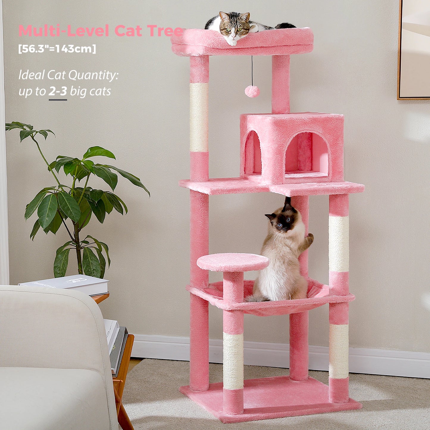 Cat Tree for Indoor Cats Multi-Level Cat Tower with Large Hammock Sisal Covered Scratching Posts Cozy Condo and Top Perch Pink