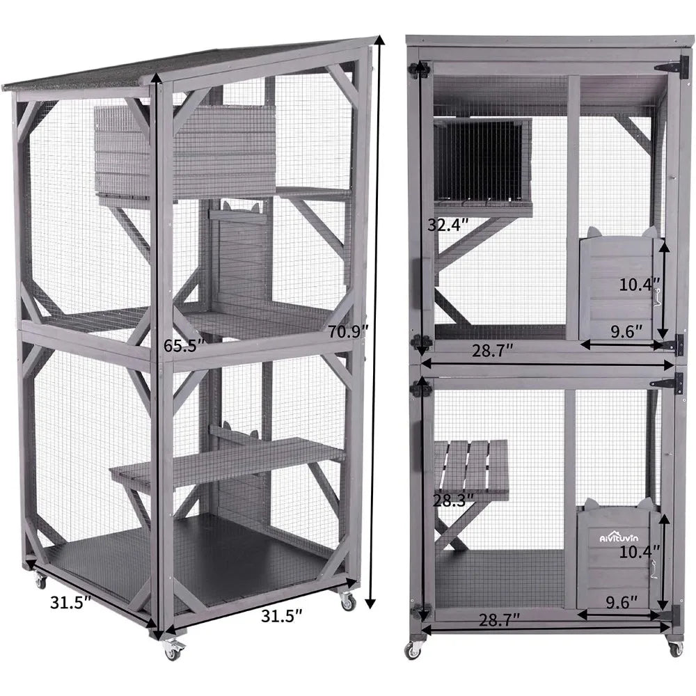 Cat Catio Kitty House Outdoor and Indoor Run Large Wooden Cat Enclosure on Wheels 70.9" Upgraded Version Kennel Cage with Reinf