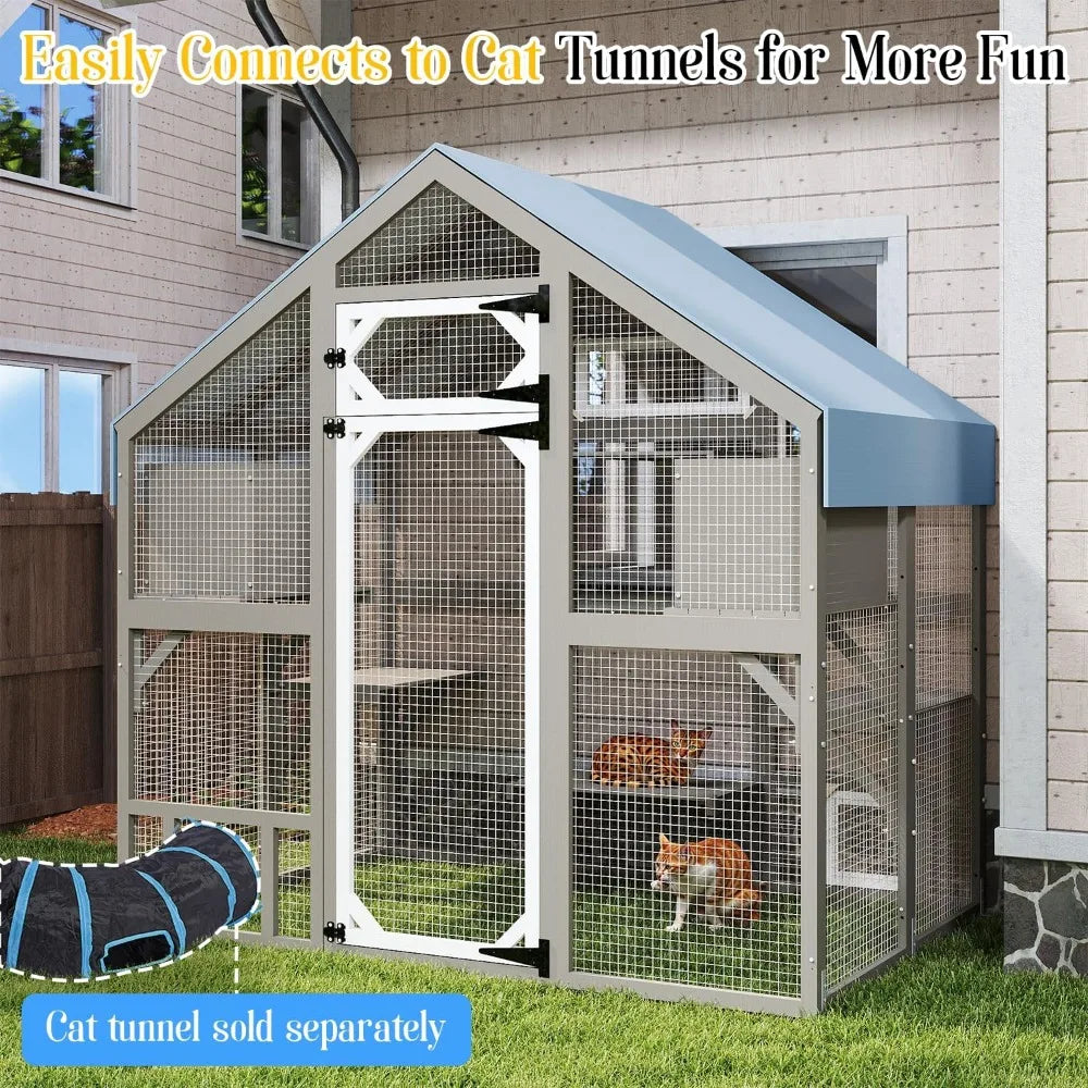 Catio Outdoor Enclosure for Multiple Cats, Large Wooden Walk-in Cat House with Window Connection, 2 Condos, Platforms, Doors