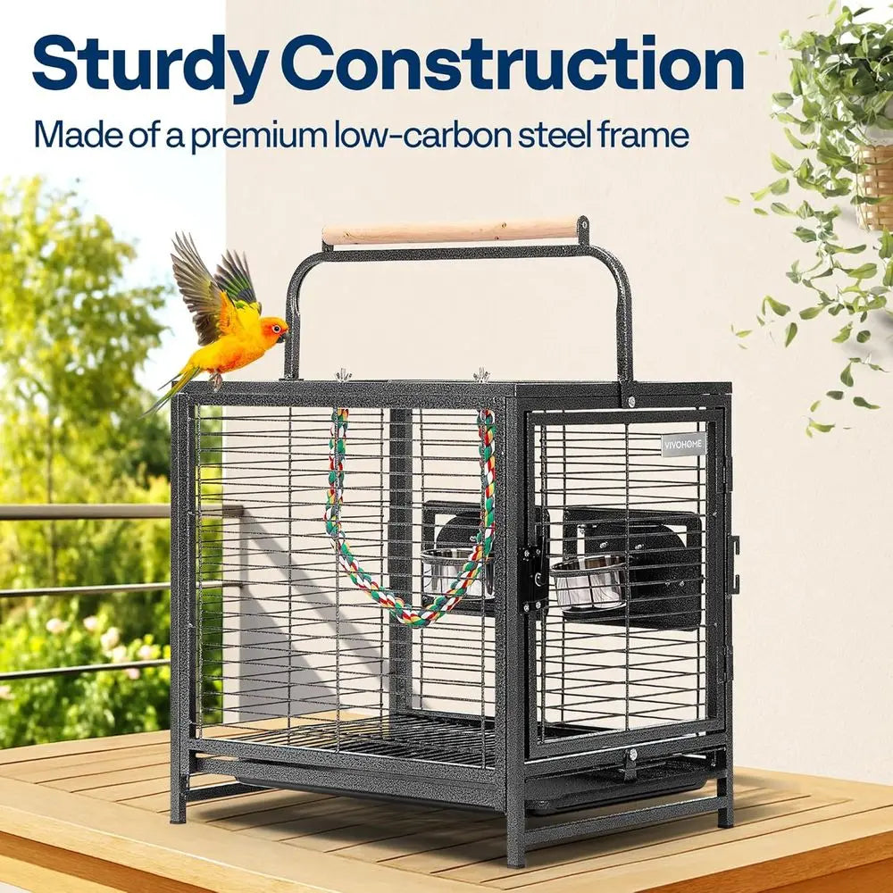 19 Inch Wrought Iron Bird Travel Carrier Cage for Parrots, Conures, Lovebirds, Cockatiels, Parakeets