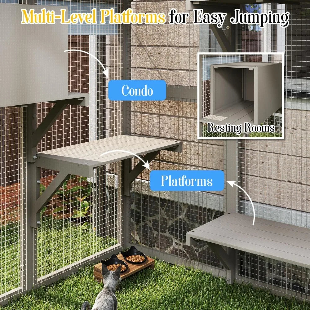 Catio Outdoor Enclosure for Multiple Cats, Large Wooden Walk-in Cat House with Window Connection, 2 Condos, Platforms, Doors