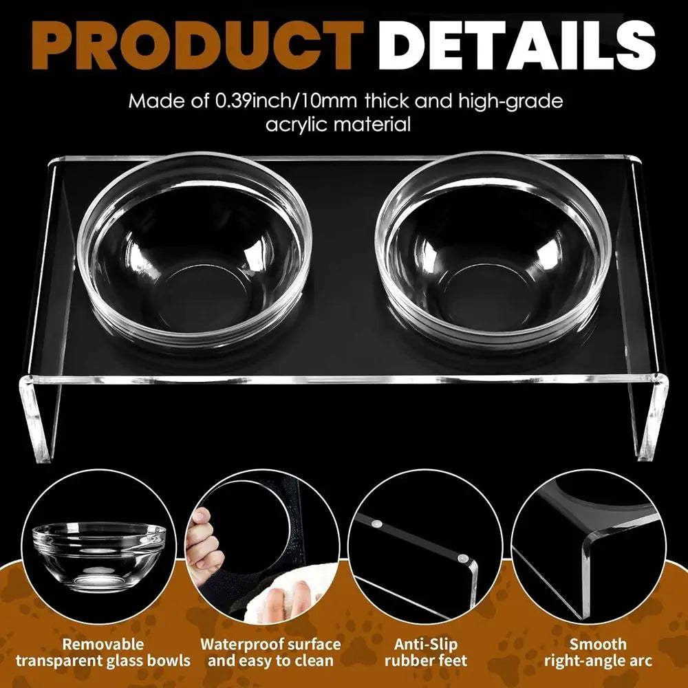 Elevated Double Bowl Pet Feeder with Removable Glass and Stainless Steel Bowls, 7.2 Tall