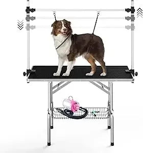 Dog Grooming Table, Adjustable Large Pet Drying Desktop, Foldable Bathing Desk with Arms, Noose, Mesh Tray, Maximum Capacity Up