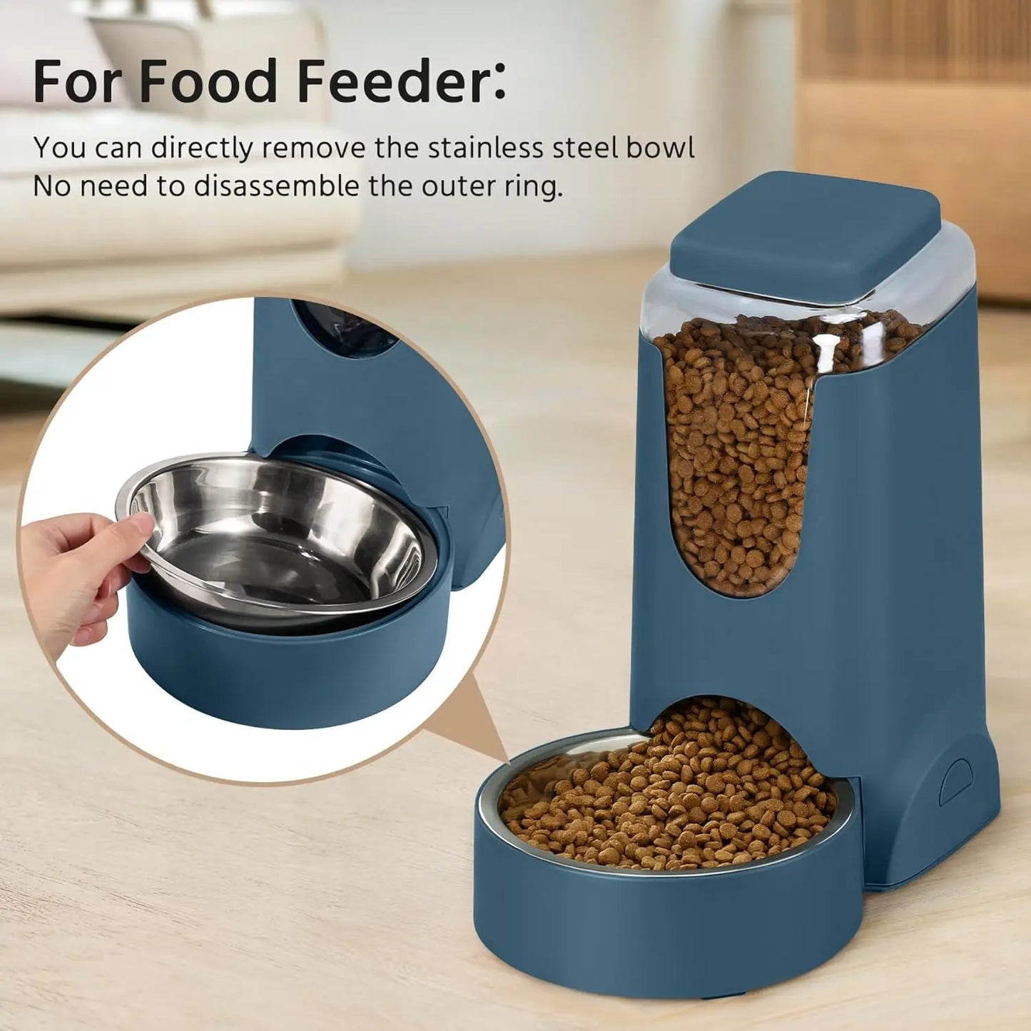 2-Pack Automatic Pet Feeder and Water Dispenser Set for Cats and Dogs, Stainless Steel Bowl, Navy Blue