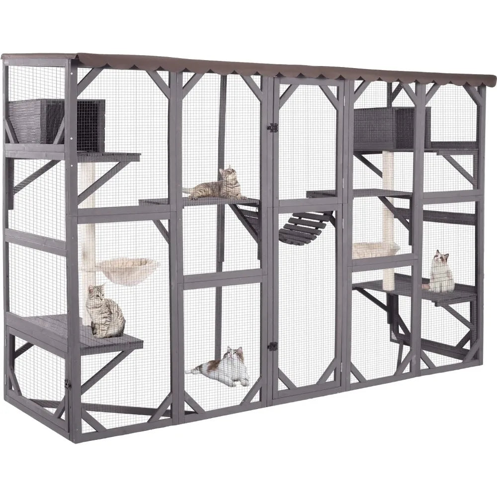 Catio Outdoor Cat Enclosure Window Box Wall Mounted Wooden Cat House Playground with Scratching Posts, Baskets, Resting House,
