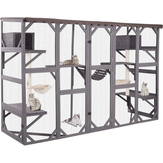 Catio Outdoor Cat Enclosure Window Box Wall Mounted Wooden Cat House Playground with Scratching Posts, Baskets, Resting House,