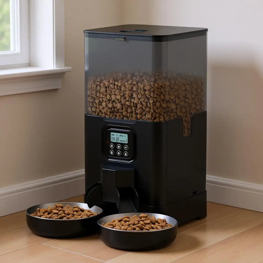 Automatic Cat Feeder or Double Pet Feeder with 2 Stainless Steel Bowls, 6L Timed Feeders with Memory Function