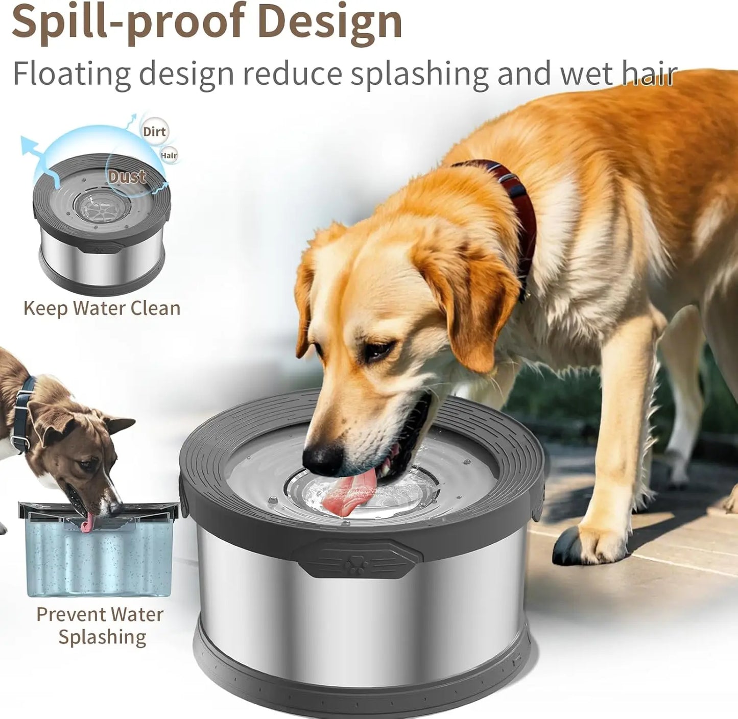 10L No Spill Dog Water Bowl with Slow Feeder, Large Capacity Stainless Steel Pet Dispenser