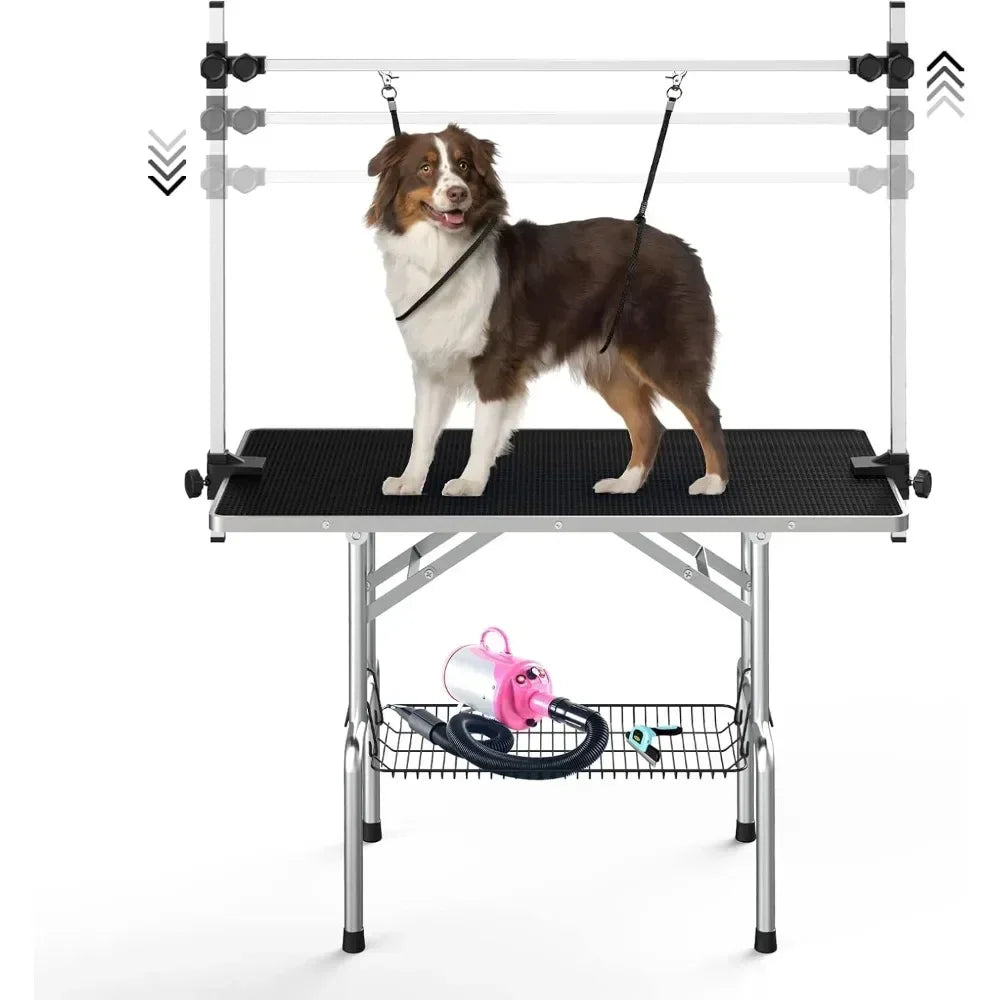 Dog Grooming Table, Adjustable Large Pet Drying Desktop, Foldable Bathing Desk with Arms, Noose, Mesh Tray, Maximum Capacity Up