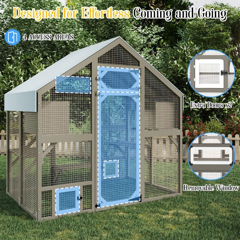 Catio Outdoor Enclosure for Multiple Cats, Large Wooden Walk-in Cat House with Window Connection, 2 Condos, Platforms, Doors