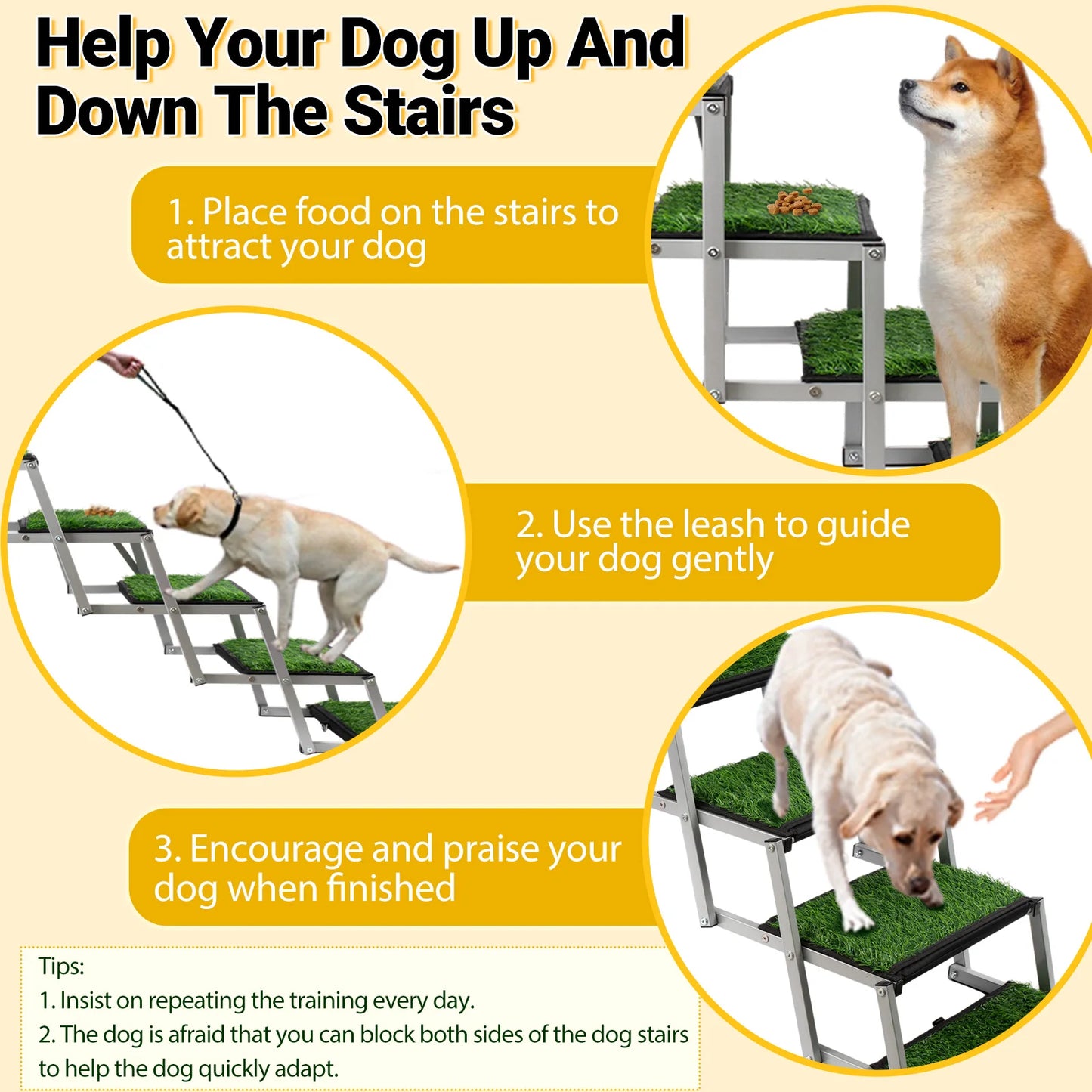 Extra Wide Dog Stairs for Large Dogs, Foldable Dog Ramp for Car with Non-Slip Surface, Dogs Stairs for Cars, High Beds, Truck, S