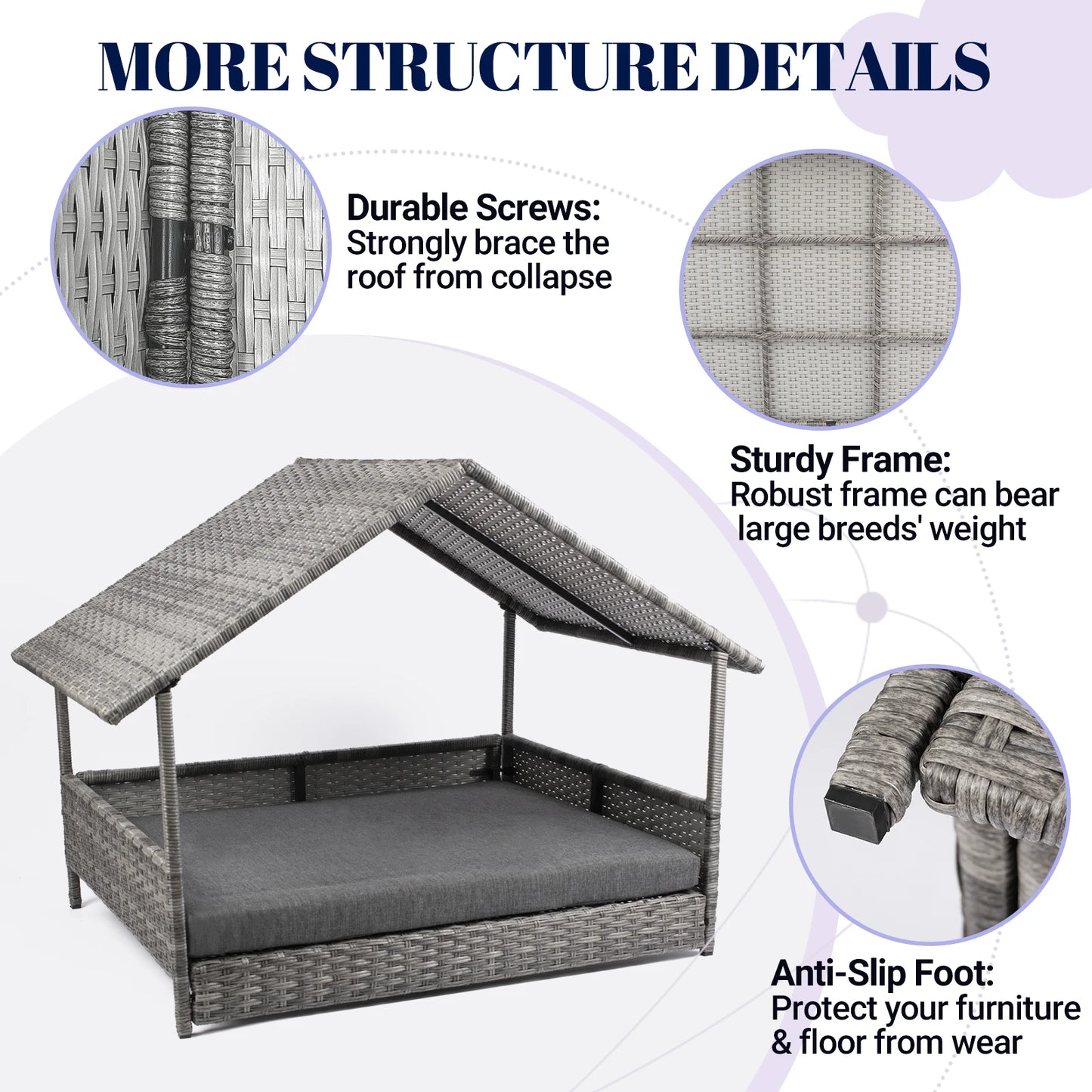 Wicker Dog House, Elevated Rattan Dog Bed with Canopy, Large Dog House Outdoor with Water Resistant Cushion