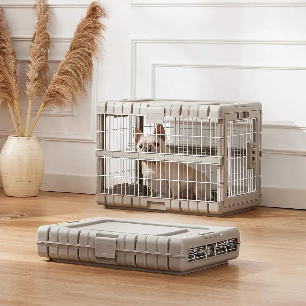 Collapsible Dog Crate, 28 L, No Tools Required, 4 Sides Steel Cage, Portable Carrier with 2 Wheels for Travel