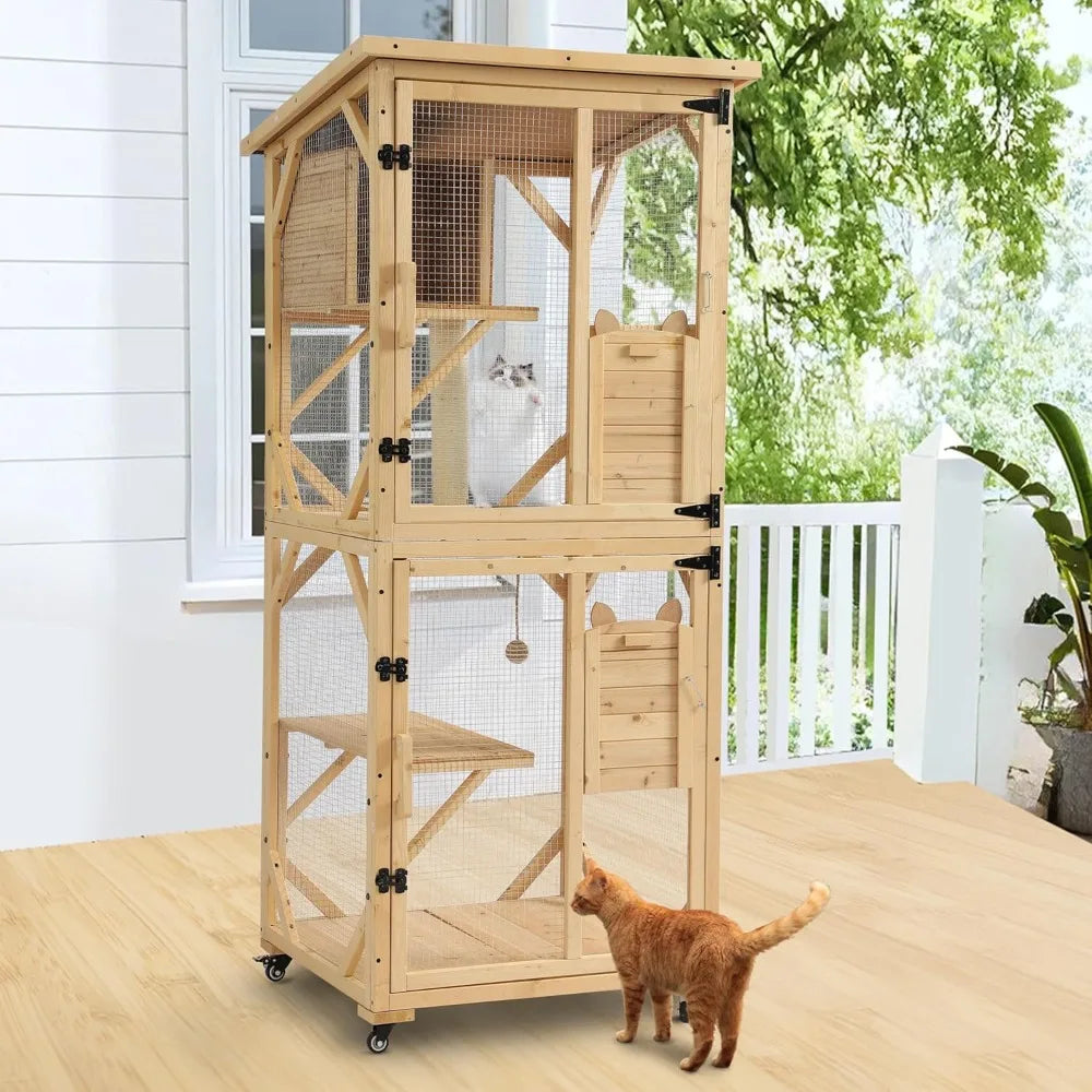 71 Catio Outdoor Cat Enclosure Window Access, 4 Tiers Cats Playpen with Wheels, Resting Box & Waterproof Roof, Indoor