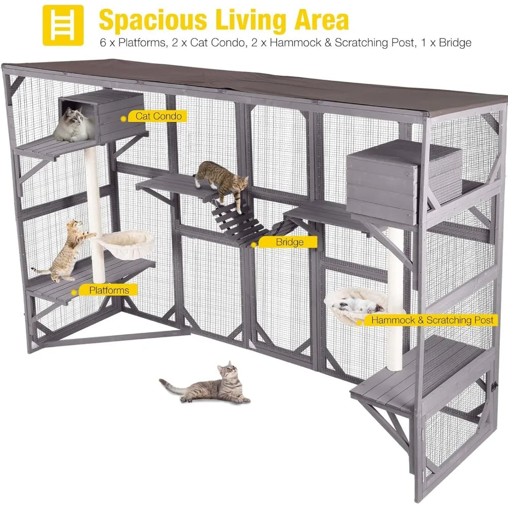 Catio Outdoor Cat Enclosure Window Box Wall Mounted Wooden Cat House Playground with Scratching Posts, Baskets, Resting House,