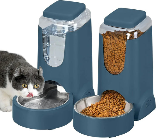 2-Pack Automatic Pet Feeder and Water Dispenser Set for Cats and Dogs, Stainless Steel Bowl, Navy Blue