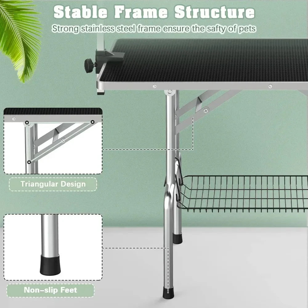 Dog Grooming Table, Adjustable Large Pet Drying Desktop, Foldable Bathing Desk with Arms, Noose, Mesh Tray, Maximum Capacity Up