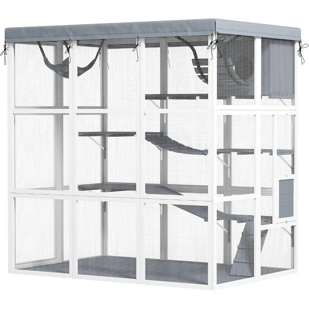 Catio Outdoor Cat Enclosure, Large Luxury Cat House Outside with Hammock, Condo, Jump Platforms, Ladders, Ramps, Tarp, Wa