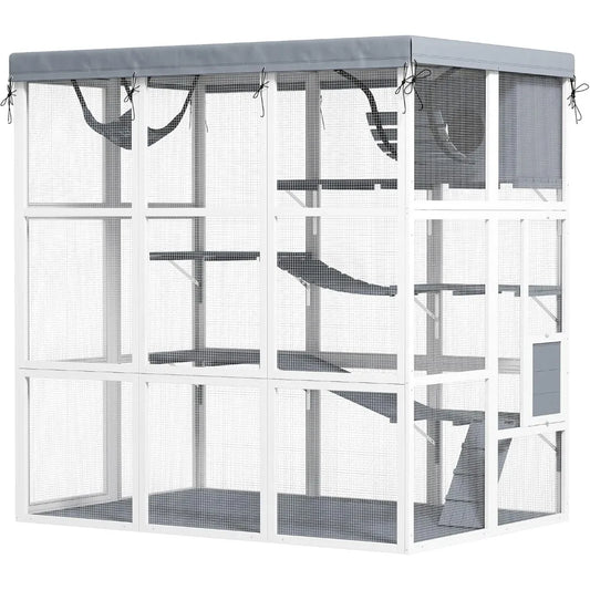 Catio Outdoor Cat Enclosure, Large Luxury Cat House Outside with Hammock, Condo, Jump Platforms, Ladders, Ramps, Tarp, Wa