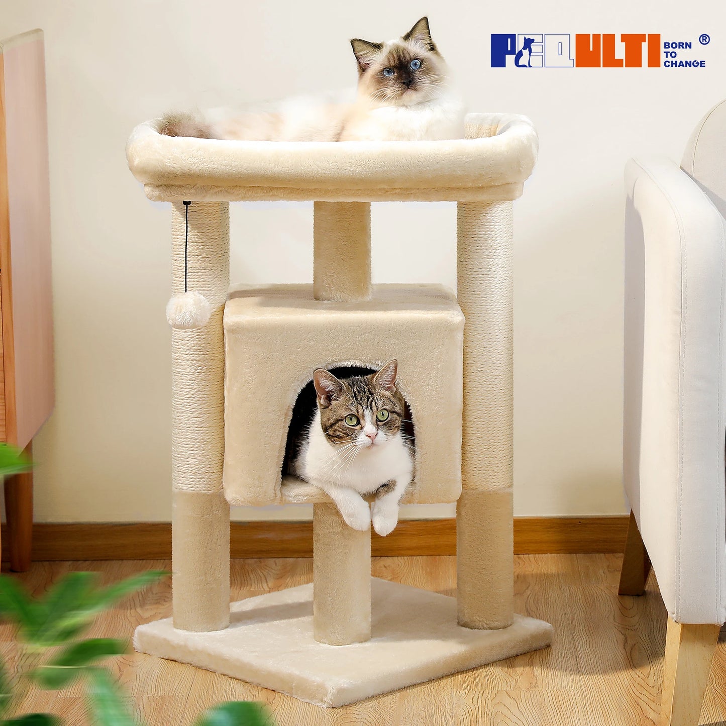 Small Cat Tree Tower with Natural Sisal Scratching Posts Soft Top Perch and Plush Pom-pom Cozy Cat Condo Bed for Indoor Cat Toys