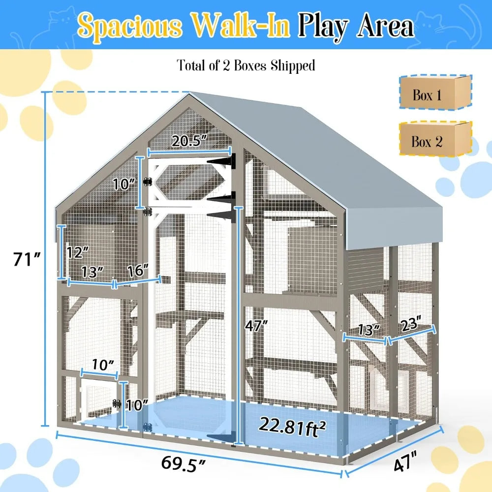 Catio Outdoor Enclosure for Multiple Cats, Large Wooden Walk-in Cat House with Window Connection, 2 Condos, Platforms, Doors