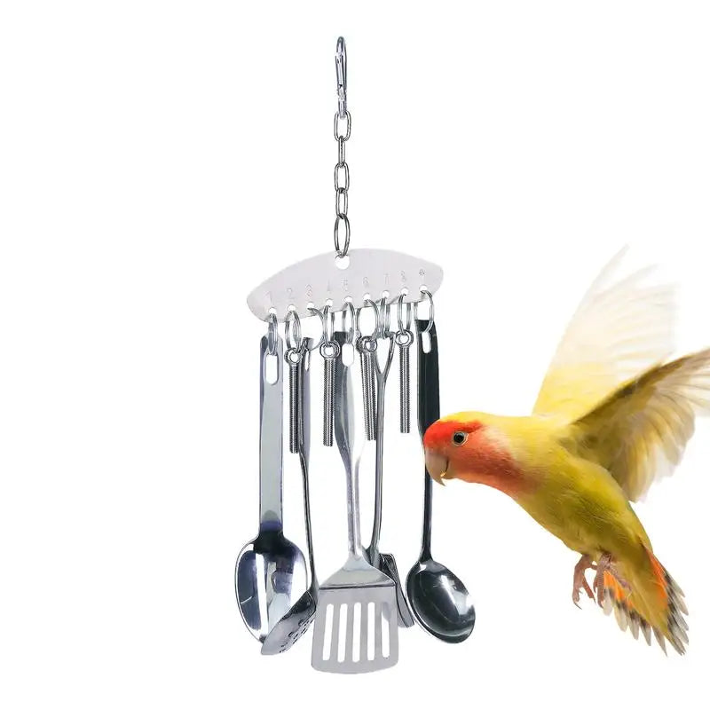Parrot Stainless Steel spoon Toy Bird Parrots Gnawing Scoops Climbing Toys Pets Bird Cage Accessories Hanging Spoon Ring Toy