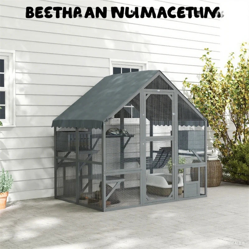 Large Outdoor Cat Patio (73" W) - 6-Tier Catio with Condos, Platforms & Ladder, Fir Wood, Waterproof & Anti-UV Design
