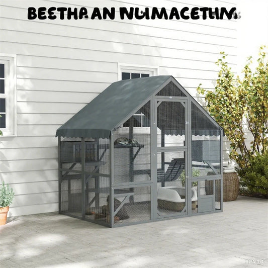 Large Outdoor Cat Patio (73" W) - 6-Tier Catio with Condos, Platforms & Ladder, Fir Wood, Waterproof & Anti-UV Design