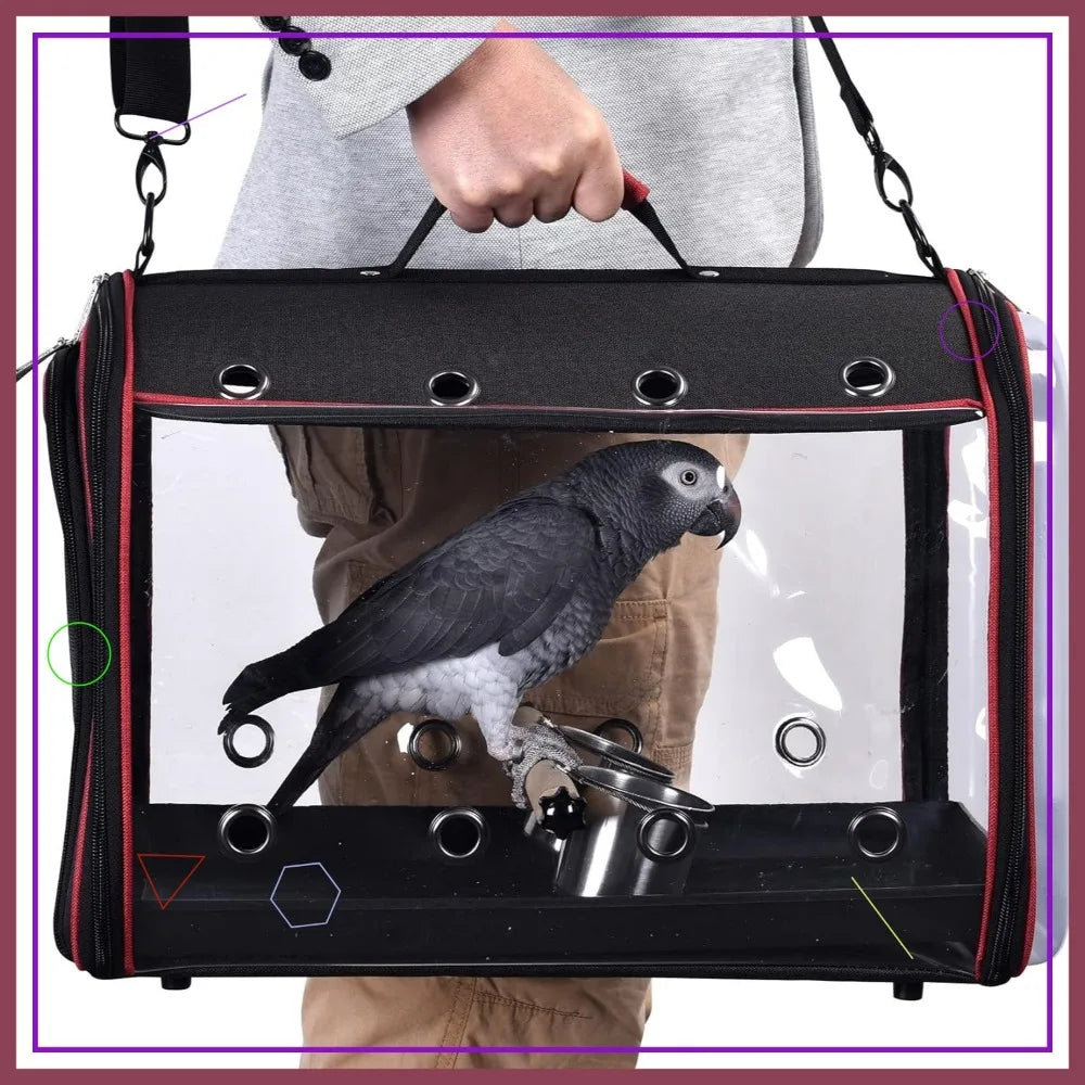 Lightweight Bird Travel Cage with Feeder Cups & Perch, Large 19x12x13 Inch Black Portable Carrier