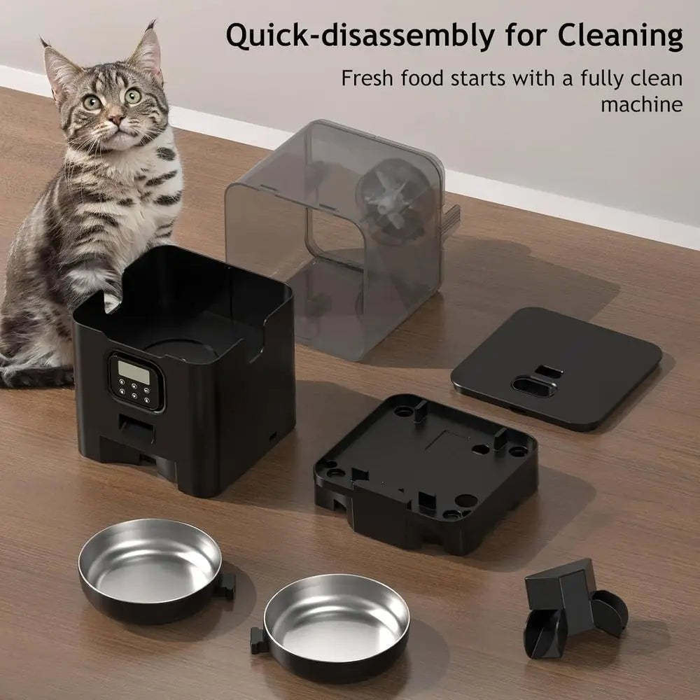 Automatic Cat Feeder or Double Pet Feeder with 2 Stainless Steel Bowls, 6L Timed Feeders with Memory Function