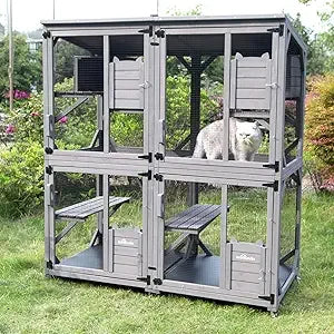 Cat Catio Kitty House Outdoor and Indoor Run Large Wooden Cat Enclosure on Wheels 70.9" Upgraded Version Kennel Cage with Reinf