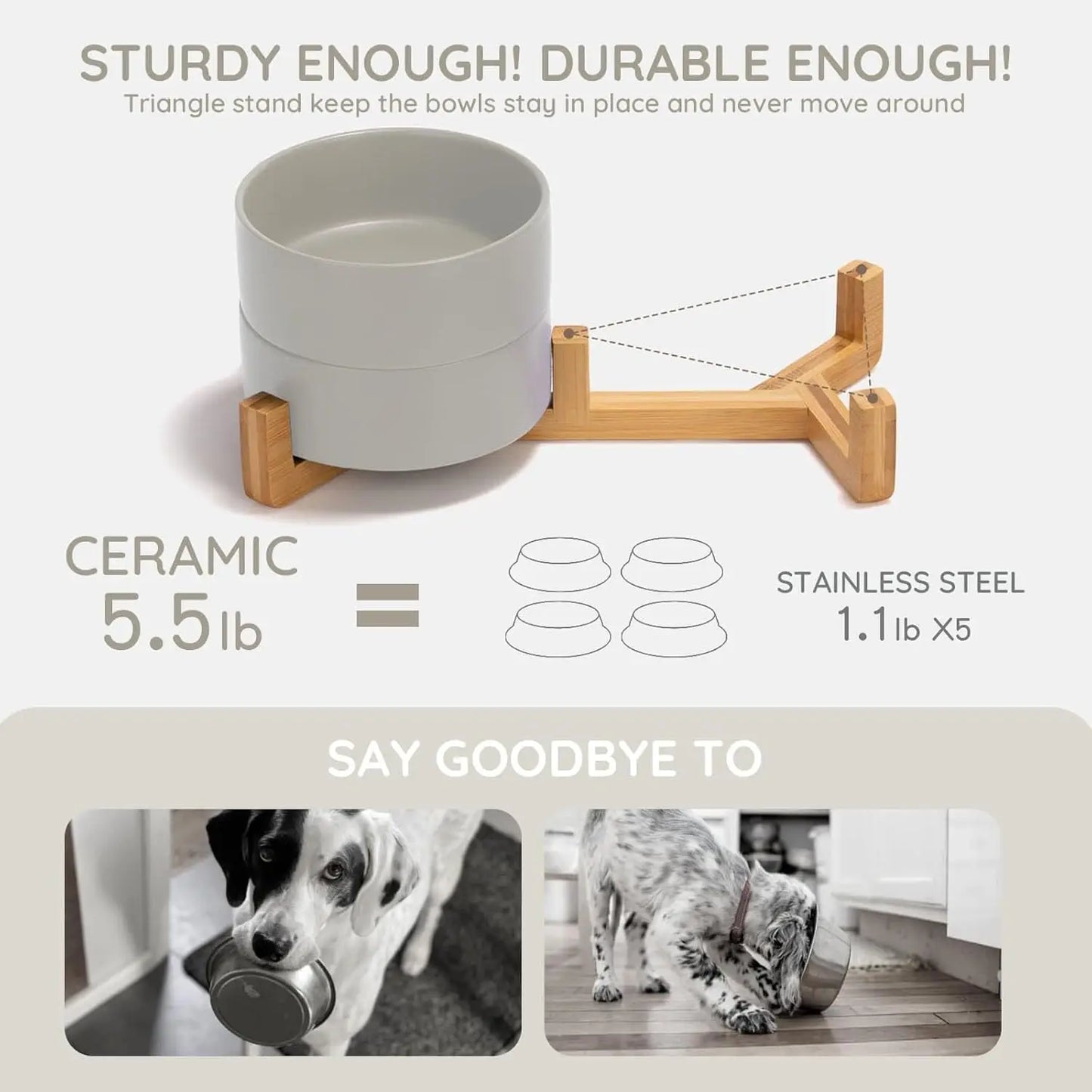 Ceramic Pet Bowl Set with Wooden Stand, Weighted Food Water Dishes for Medium Large Dogs (42 OZ, 2 Grey)