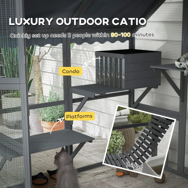Large Outdoor Cat Patio (73" W) - 6-Tier Catio with Condos, Platforms & Ladder, Fir Wood, Waterproof & Anti-UV Design